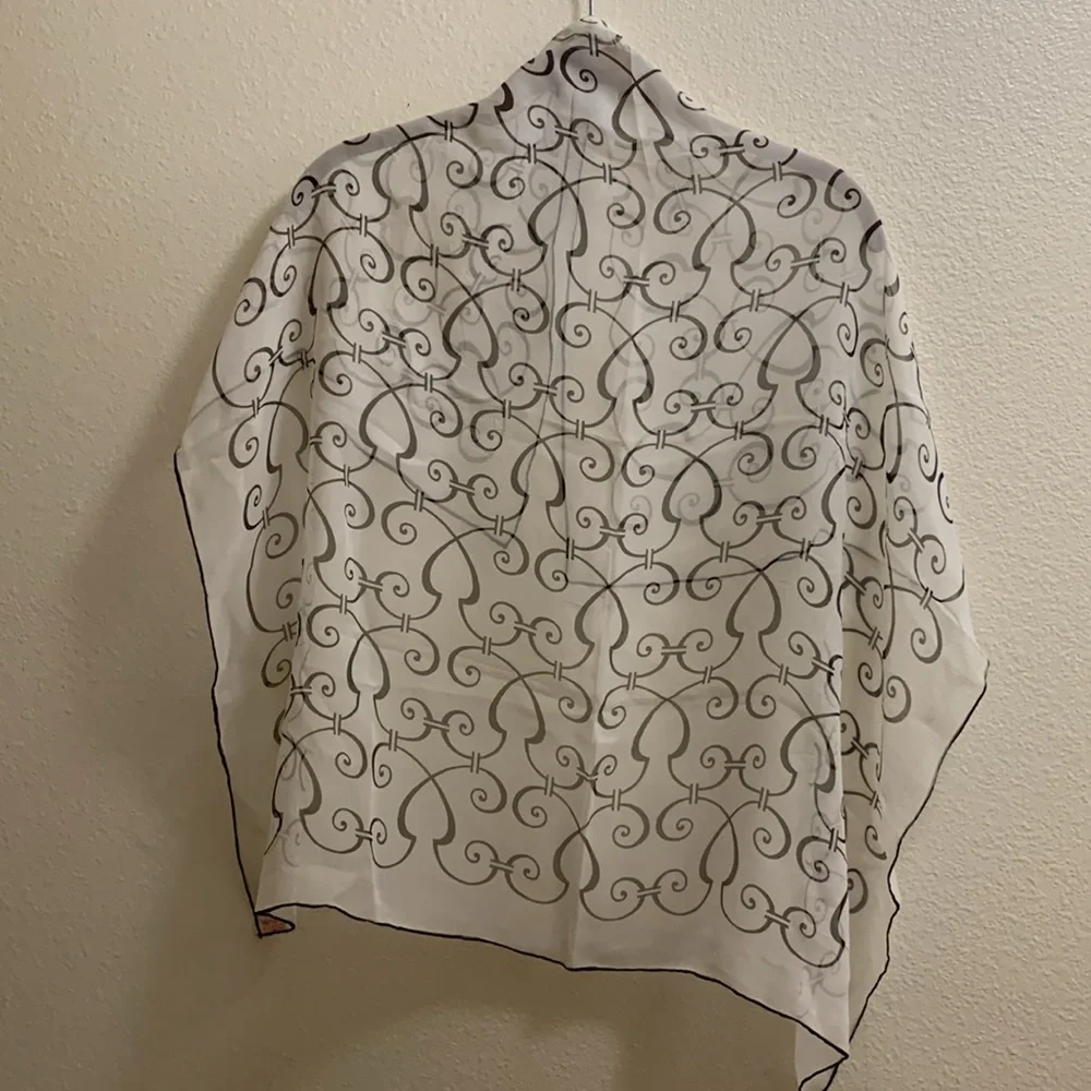 Vintage Sally Gee Silk Handrolled White and Black Swirls Scarf Sheer Summer